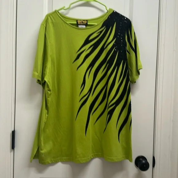Bob Mackie Green and Black Sequined SS Shirt - XL - Picture 1 of 4